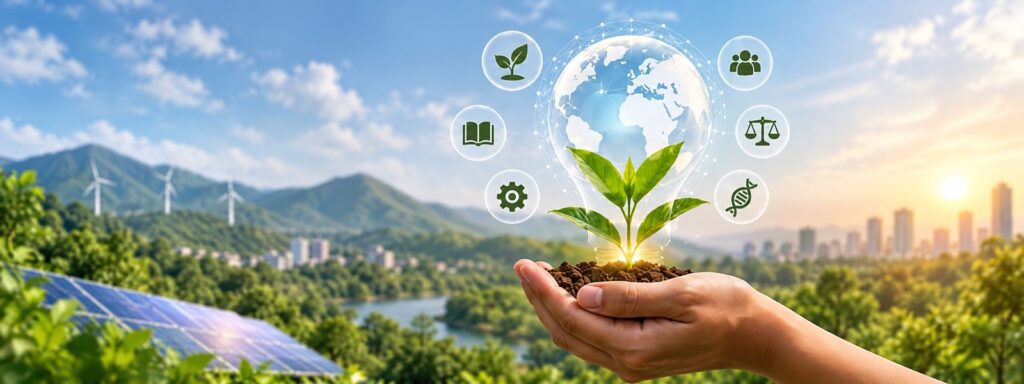 A seedling growing from soil held in cupped hands, inside a glowing light bulb with a globe